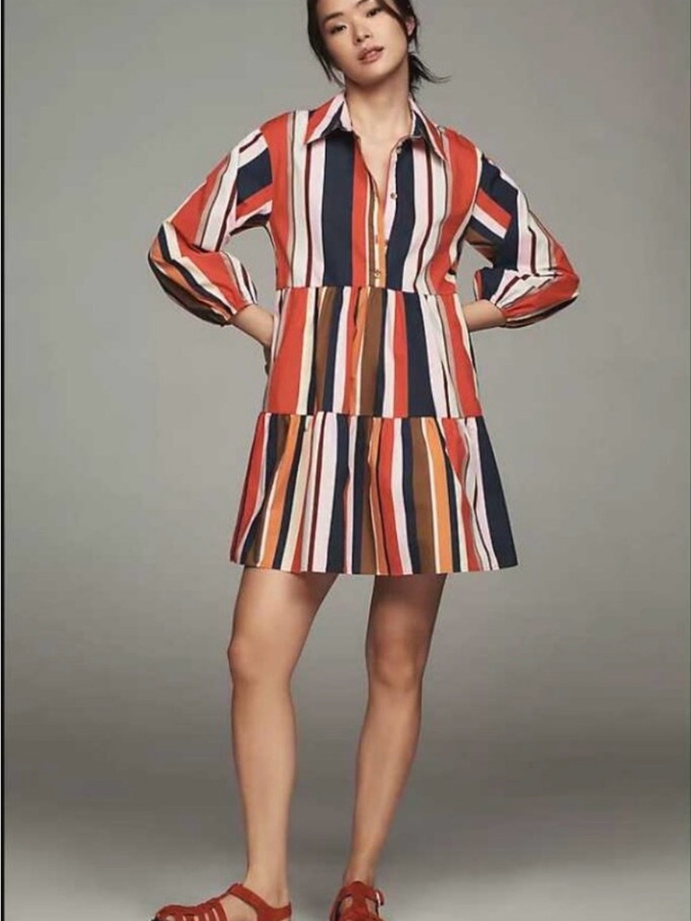 Anthropologie by Maeve - The Bettina tiered mini shirt dress in red stripe - L
